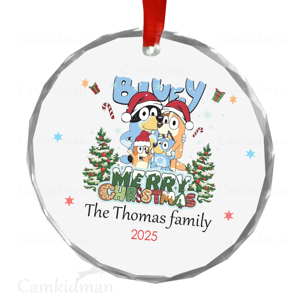 Personalized Name Bluey Merry Christmas Family 2025 Glass Round Ceramic Ornament Glass Ornament Holiday Decor