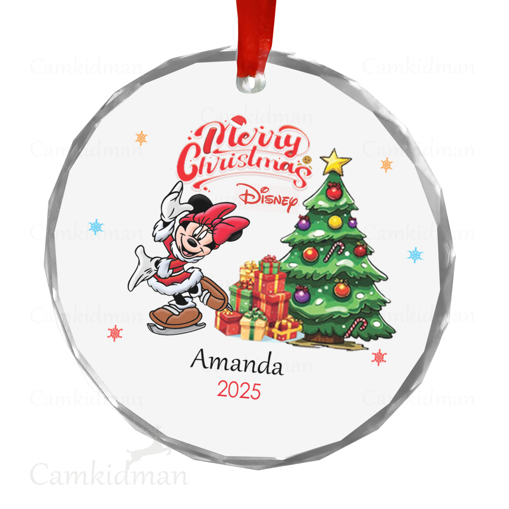 Personalized Name Disney Minnie with Christmas Tree Glass Ceramic Ornament Glass Ornament 