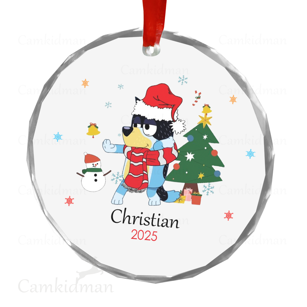 Personalized Name Bluey Cartoon Christmas Scene 2025 Glass Holiday Ceramic Ornament Glass Ornament Decoration