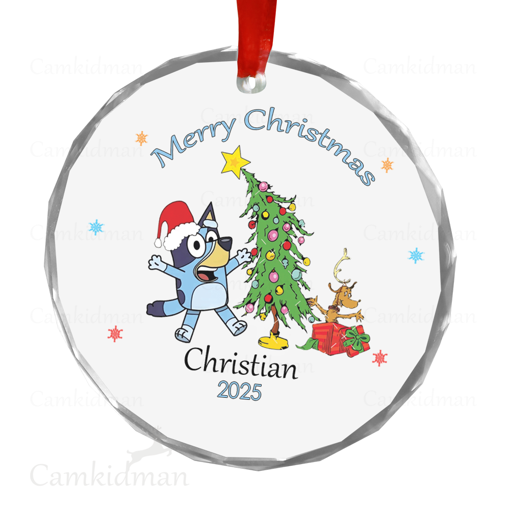 Personalized Name Bluey Character with Tree and Santa Hat 2025 Glass Christmas Ornament Keepsake