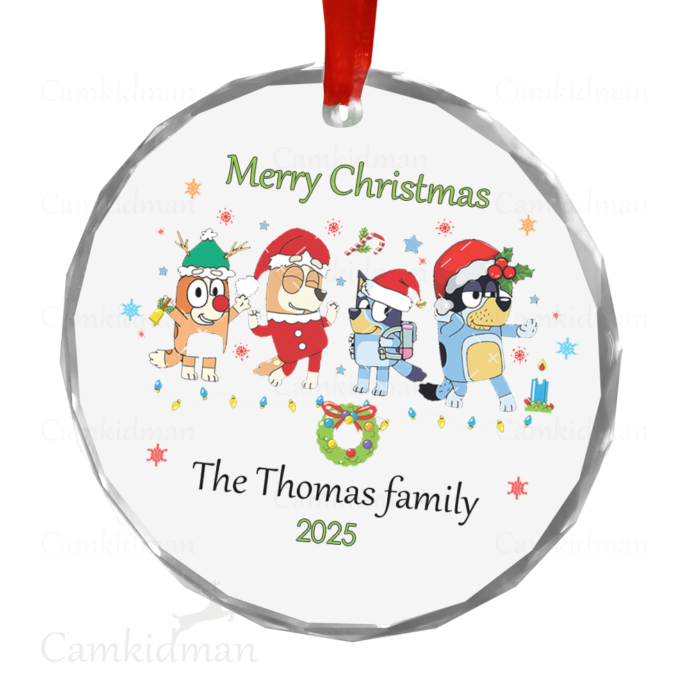 Personalized Name Bluey Merry Family 2025 Glass Round Ceramic Ornament Glass Ornament Holiday Keepsake