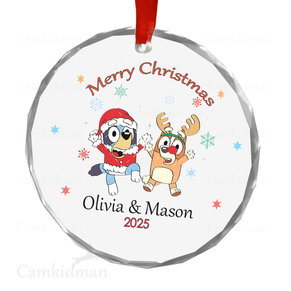 Personalized Name Bluey and Bingo 2025 Glass Round Ceramic Ornament Glass Ornament Holiday Decor