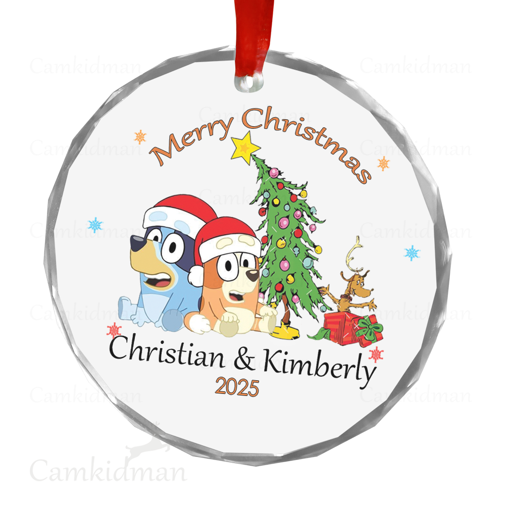 Personalized Name Bluey Cartoon Family with Tree 2025 Glass Christmas Ornament Decoration