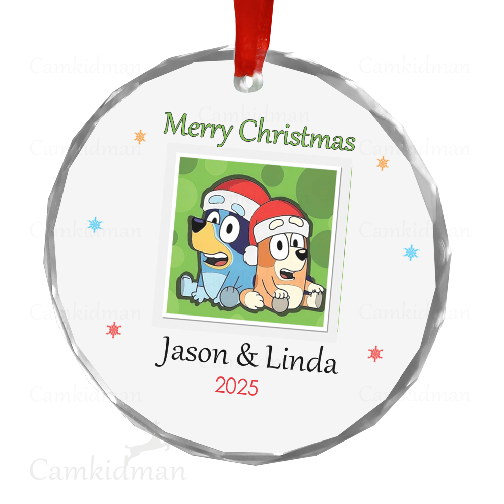 Personalized Name Bluey Bingo Cartoon Characters Christmas 2025 Glass Round Ceramic Ornament Glass Ornament Keepsake