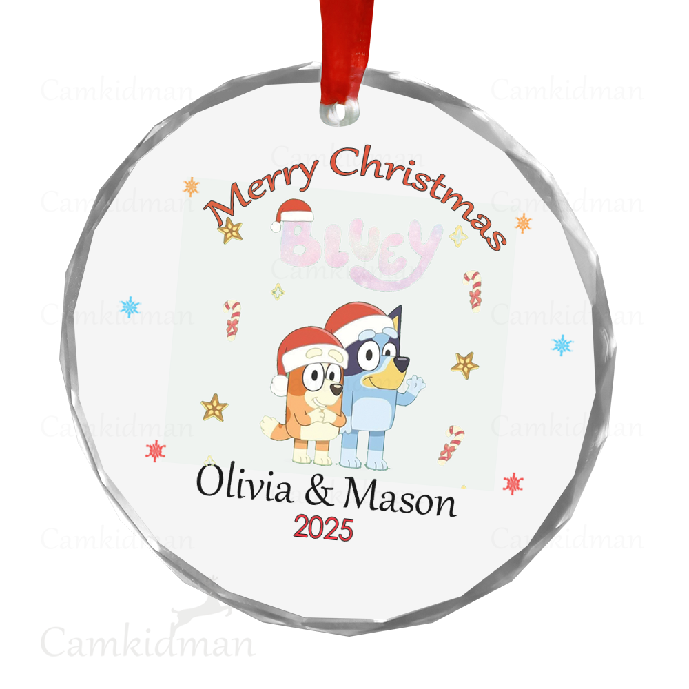 Personalized Name Bluey Cartoon 2025 Glass Christmas Ornament Decoration