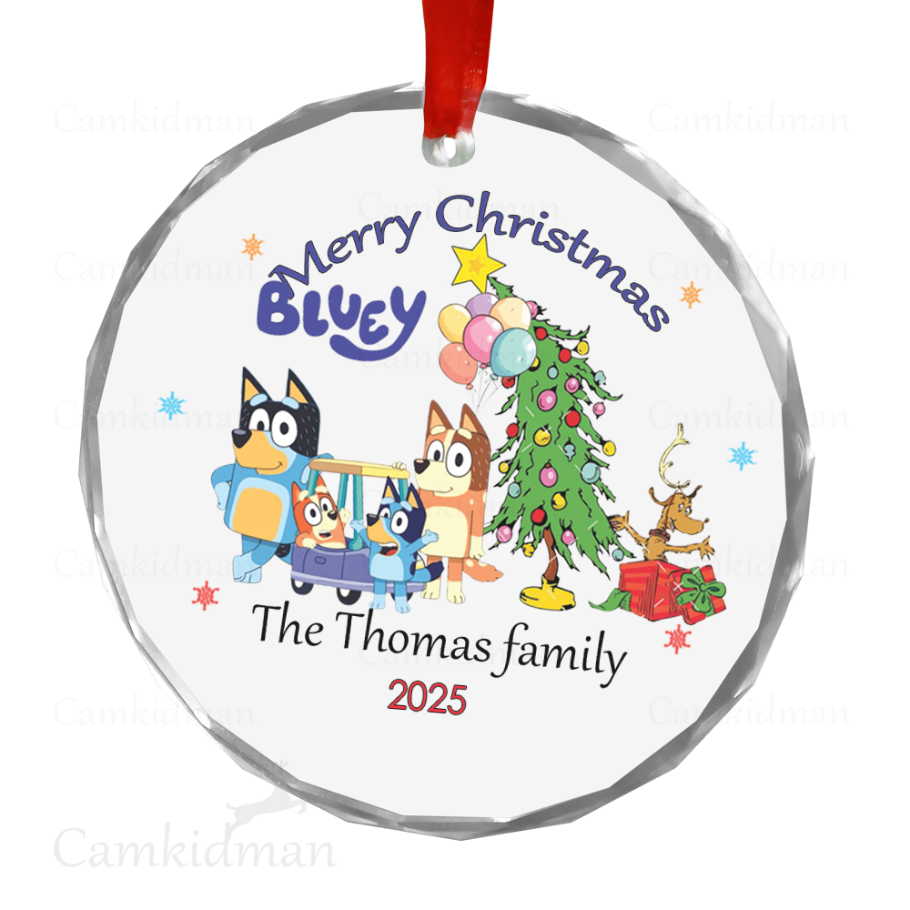 Personalized Name Bluey Cartoon Family Merry Christmas 2025 Glass Holiday Ceramic Ornament Glass Ornament Decoration