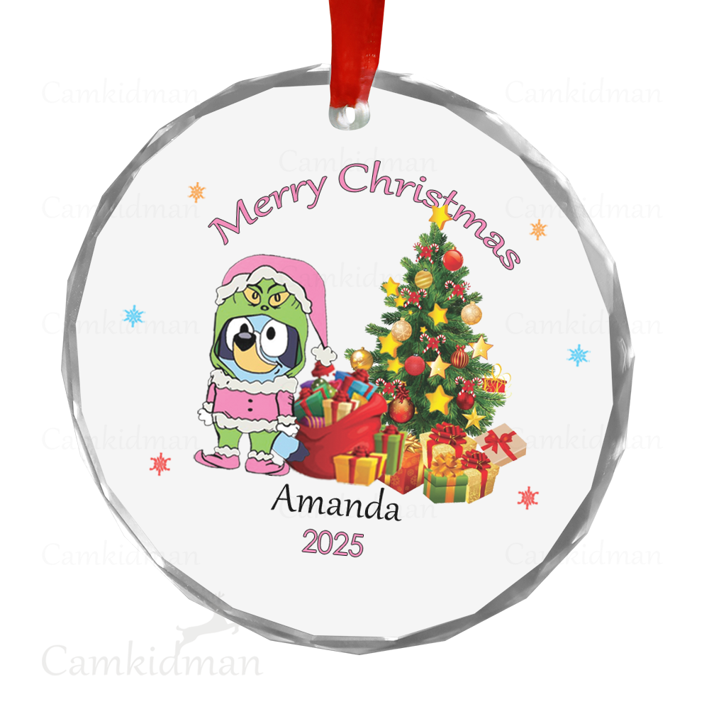 Personalized Name Bluey Grich Character with Christmas Tree 2025 Glass Holiday Ceramic Ornament Glass Ornament Decoration