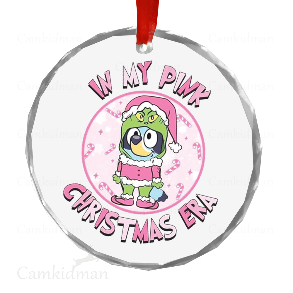 Personalized Name Bluey Grich Character Pink Outfit 2025 Glass Round Holiday Keepsake Christmas Ceramic Ornament Glass Ornament tree