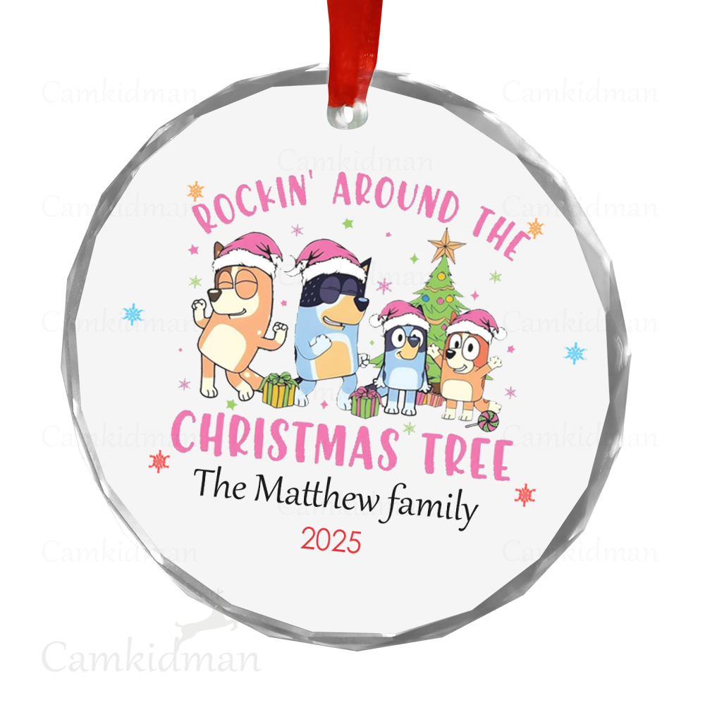 Personalized Name Bluey Pink Family Rockin Around the Christmas Tree 2025 Glass Ceramic Ornament Glass Ornament Decoration