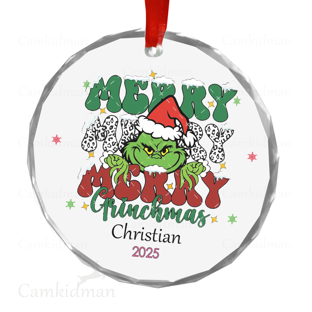 Personalized Name Angry Merry Grinchmas 2025 Glass Christmas Ornament Decoration