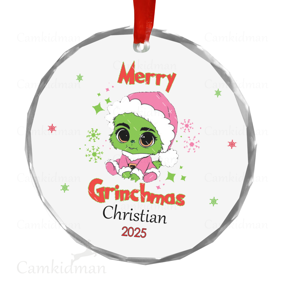 Personalized Name Cute Baby Grinch in Santa Hat 2025 Glass Christmas Ornament Decoration