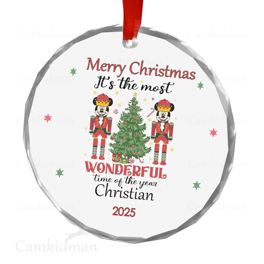 Personalized Name Disney Mickey and Friends Wonderful Time 2025 Glass Christmas Ornament