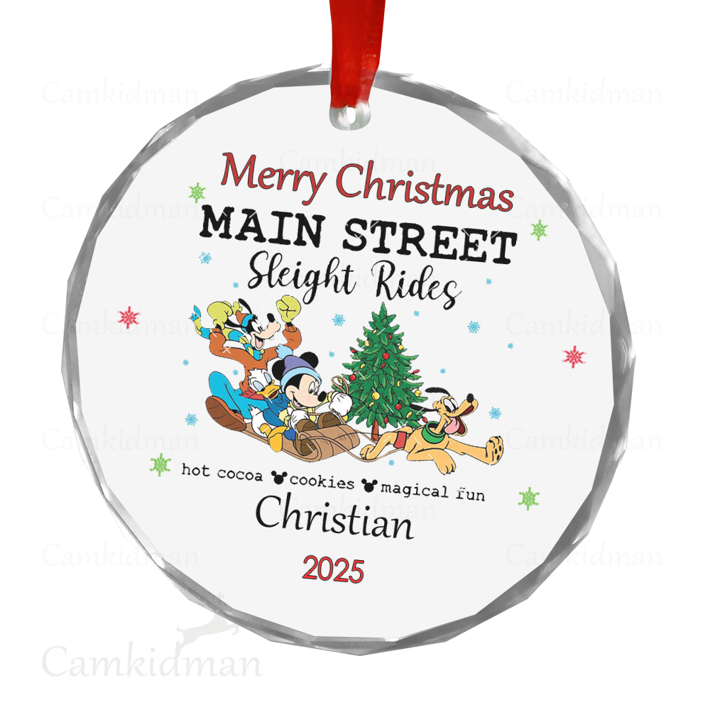 Personalized Name Disney Main Street Sleigh Rides 2025 Glass Holiday Ceramic Ornament Glass Ornament Decoration