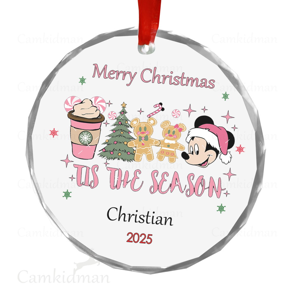 Personalized Name Disney Minnie and Mickey Tis the Season 2025 Glass Christmas Ornament