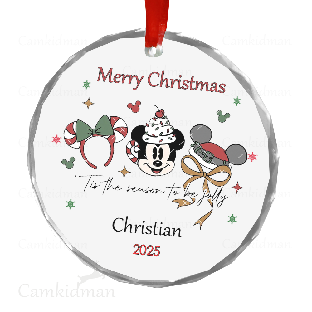 Personalized Name Disney Mickey and Minnie Holiday Scene 2025 Glass Round Ornament