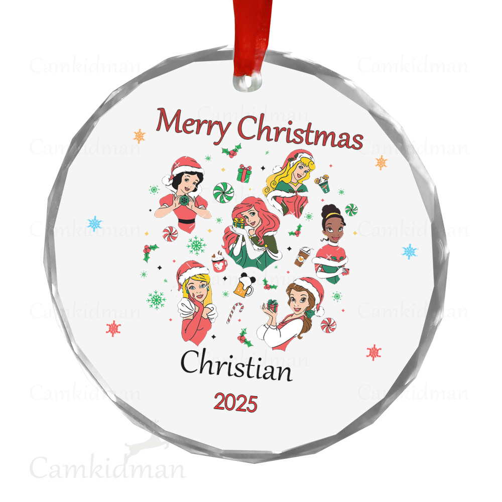 Personalized Name Disney Characters Group Christmas 2025 Glass Round Ceramic Ornament Glass Ornament Keepsake