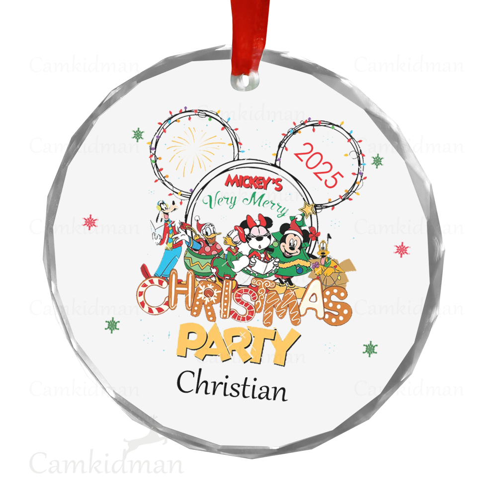 Personalized Name Disney Mickey Minnie Donald Holiday Party 2025 Glass Christmas Ornament