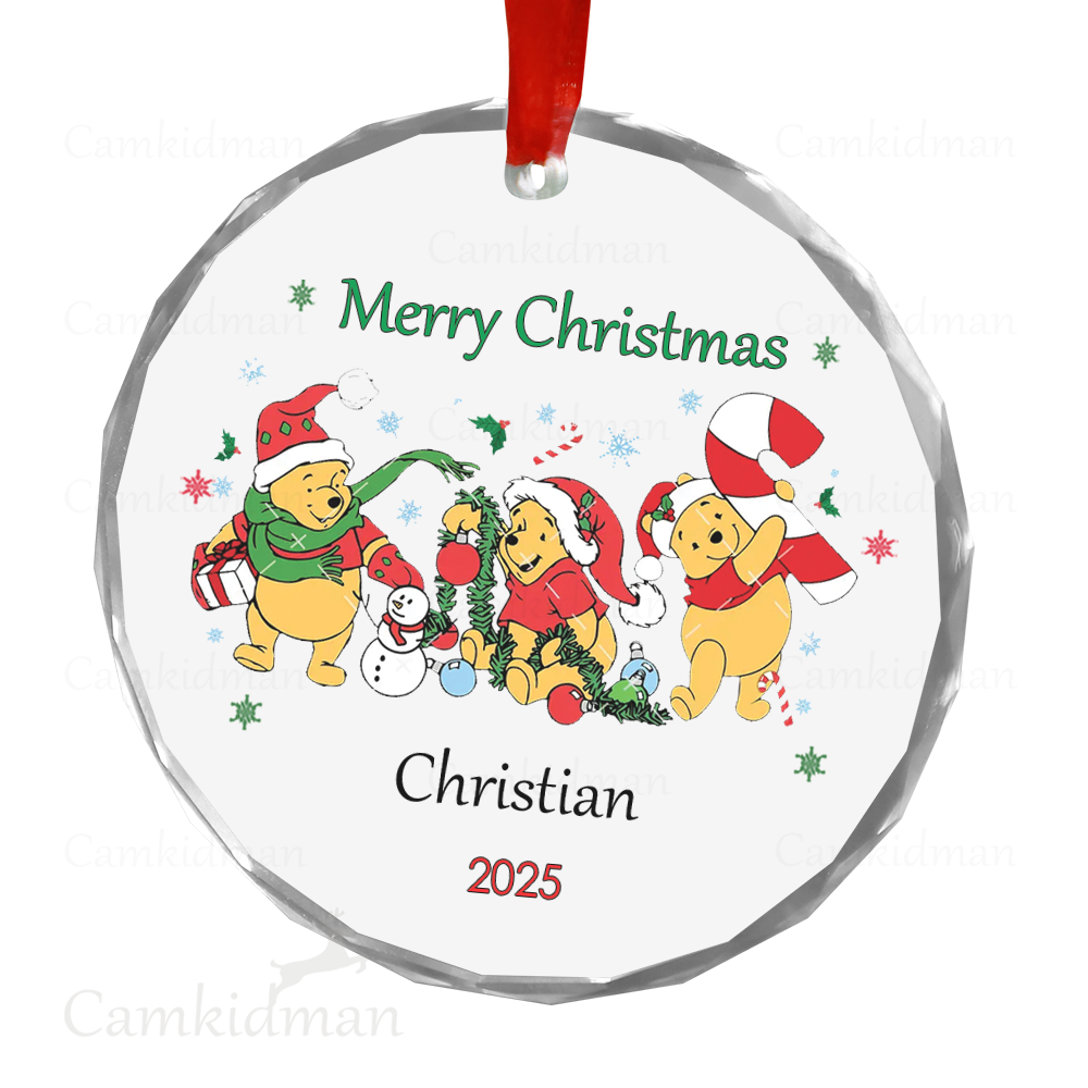 Personalized Name Disney Winnie the Pooh and Friends Christmas 2025 Glass Round Ornament