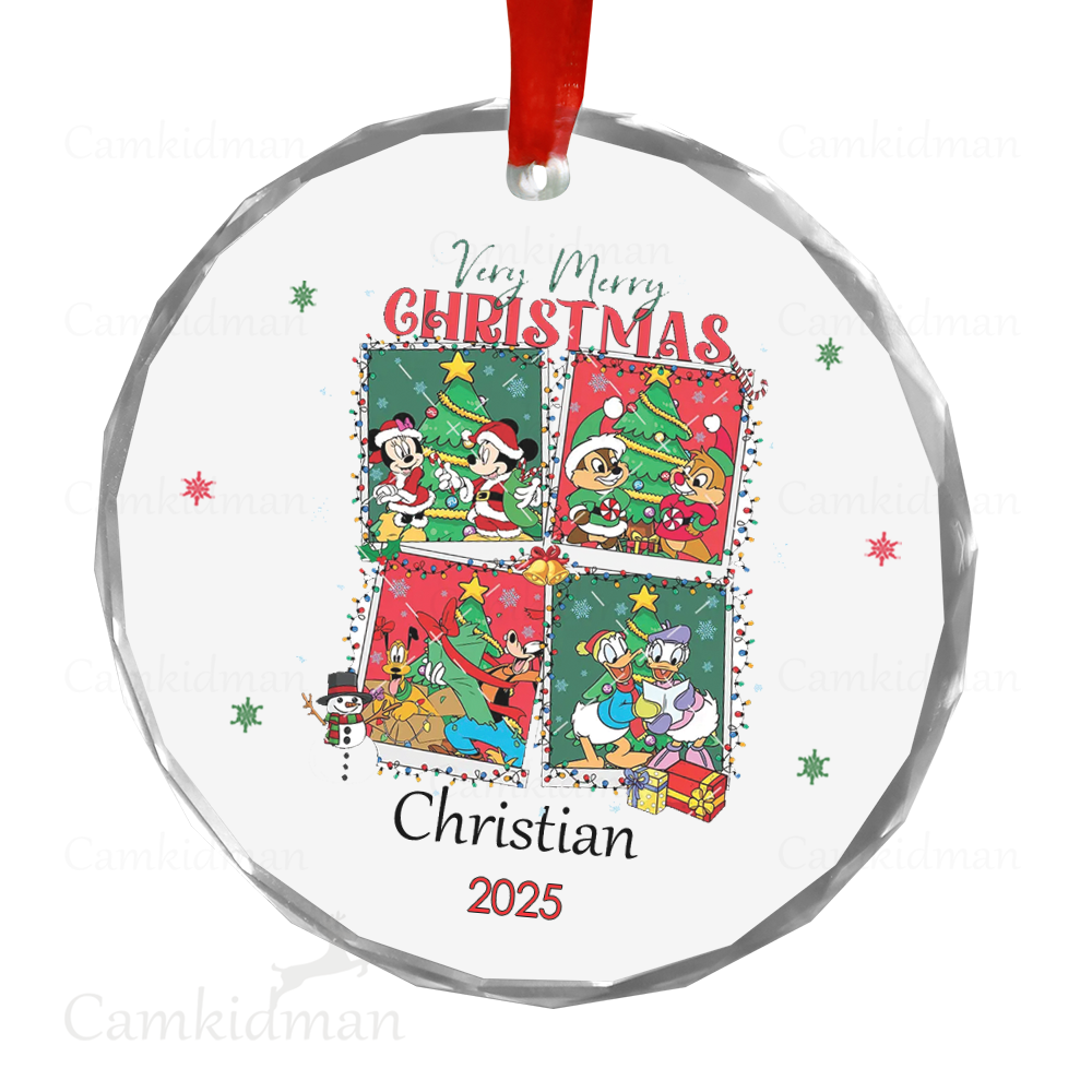 Personalized Name Disney Very Merry Christmas Presents 2025 Glass Holiday Ornament