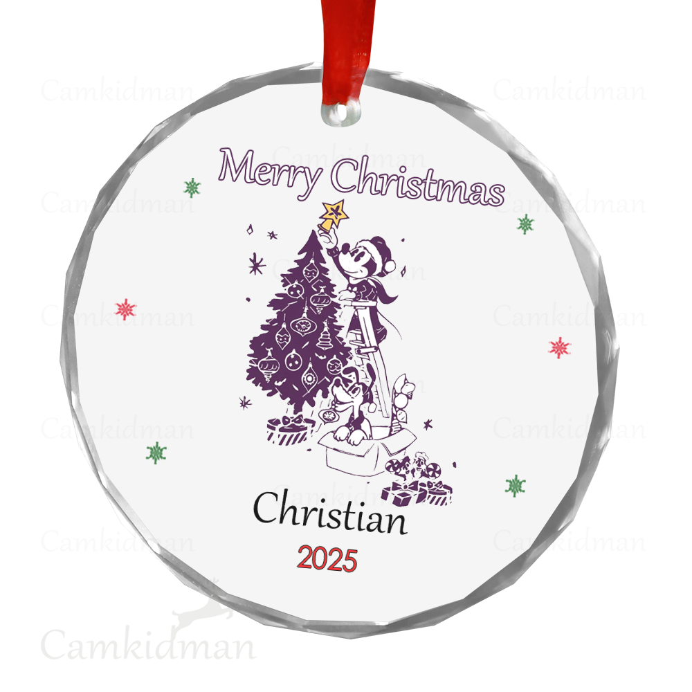 Personalized Name Disney Mickey Mouse Purple Tree Christmas 2025 Glass Round Ornament
