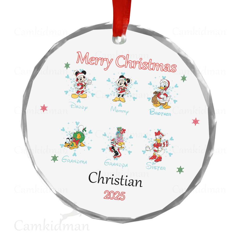 Personalized Name Disney Mickey and Friends Group Christmas 2025 Glass Round Ornament