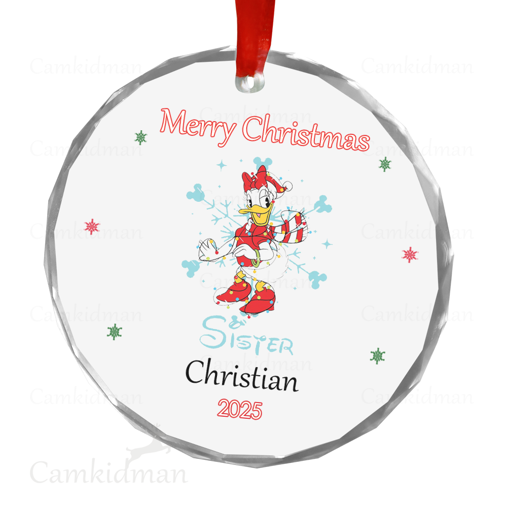 Personalized Name Disney Minnie Mouse Sister 2025 Glass Round Holiday Ornament