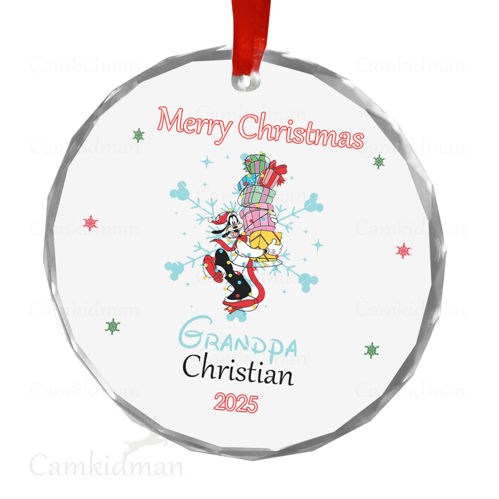 Personalized Name Disney Characters Grandpa 2025 Glass Round Ornament