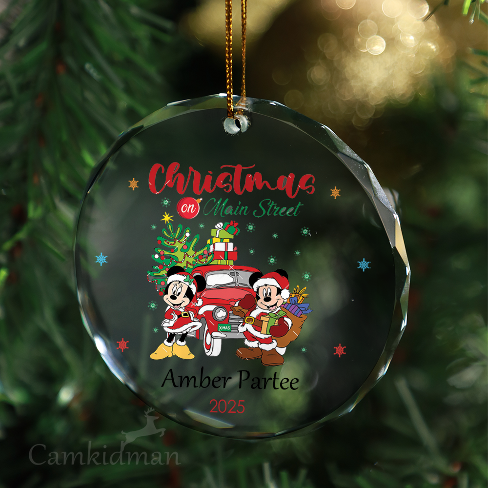 Mickey Minnie Car Sleigh Personalized Name 2025 Glass Ornament 