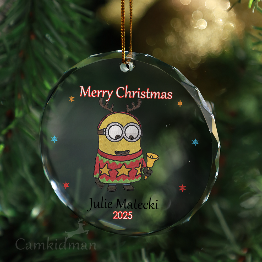 Minion Reindeer Personalized Name 2025 Glass Ornament tree