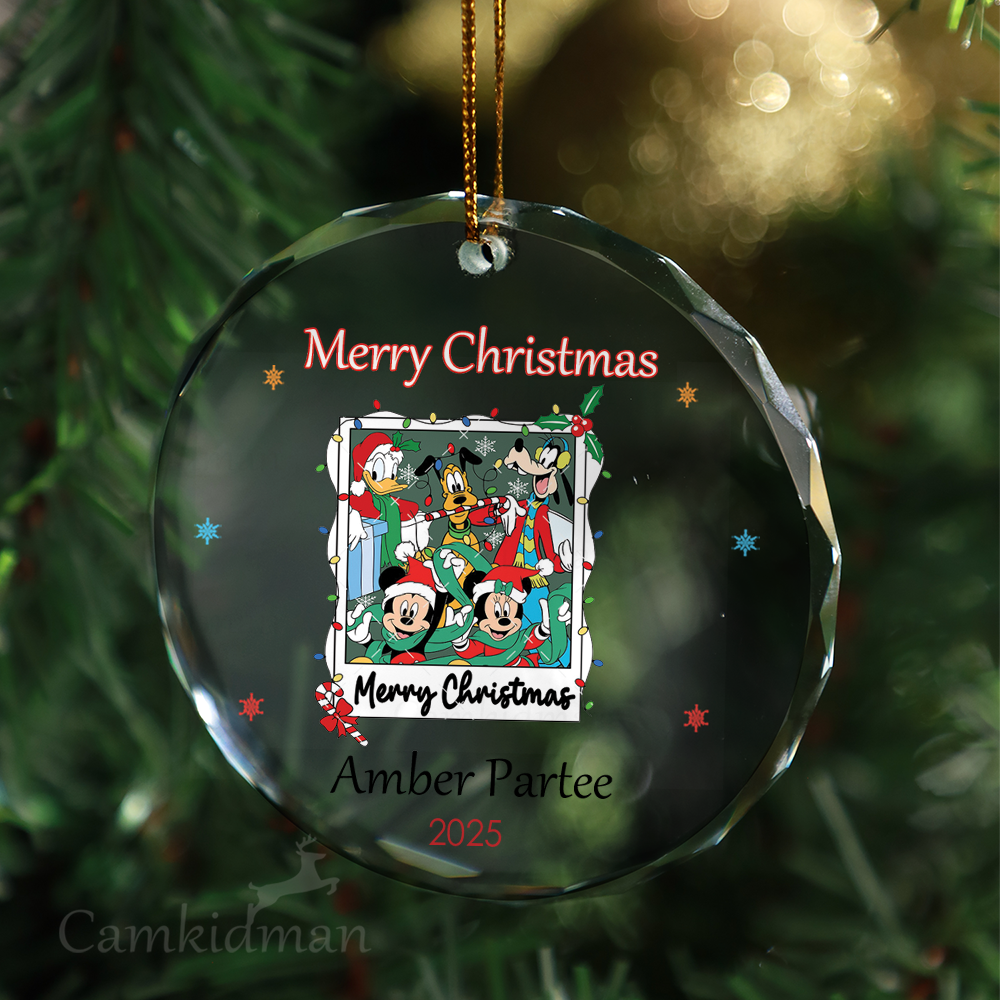 Mickey Minnie Holiday Frame Personalized Name 2025 Glass Ornament 
