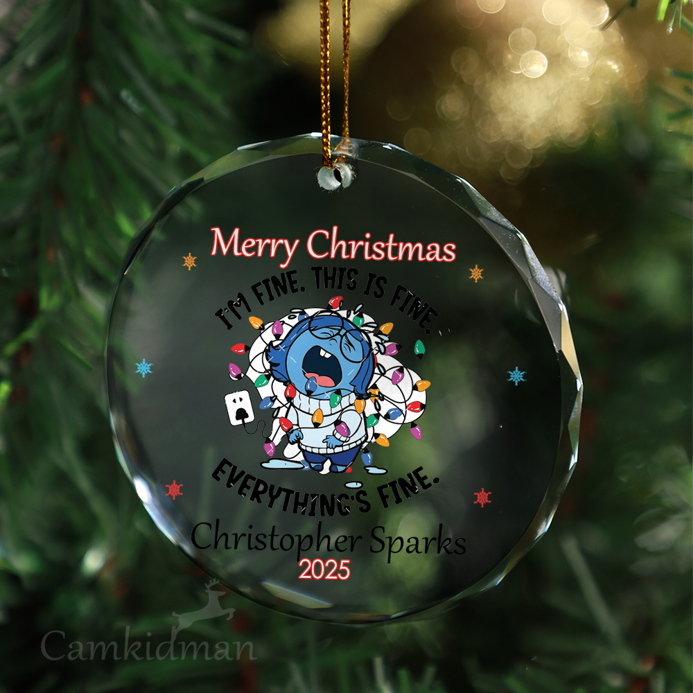 Everything Is Fine Santa Hat Stitch gifts Glass Christmas Ornament