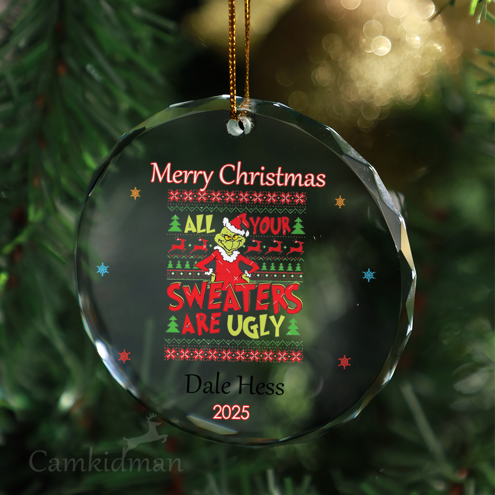 Grinch Ugly Sweater Personalized Name 2025 Glass Ornament gifts family