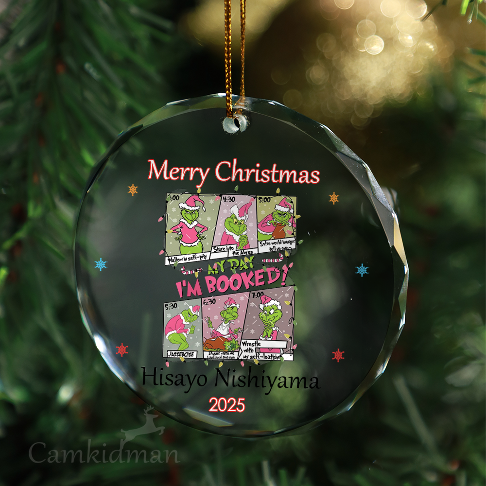Grinch Booked Personalized Name 2025 Christmas Glass Ornament gifts