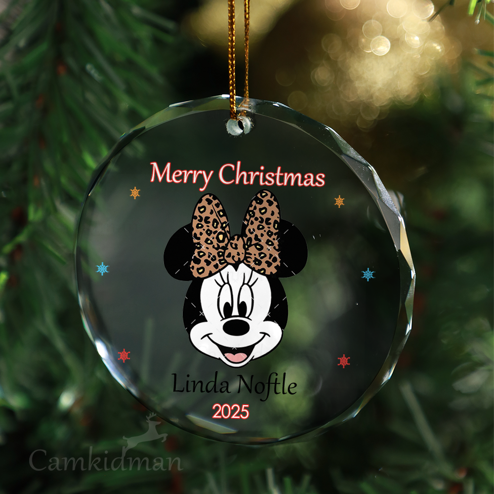 Minnie Leopard Bow Personalized Name 2025 Glass Ornament gifts family