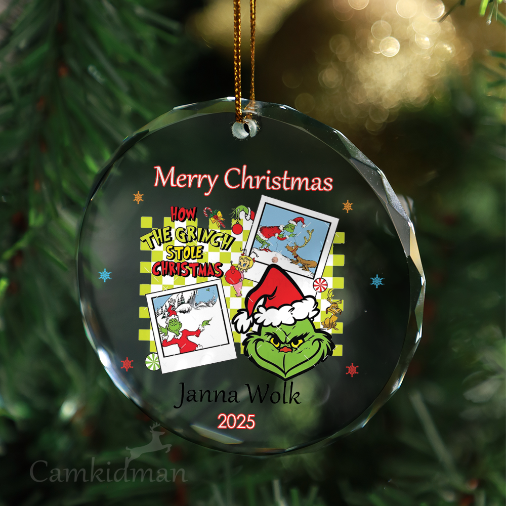 Grinch Glass Christmas Ornament 2025 Personalized Name Cards tree