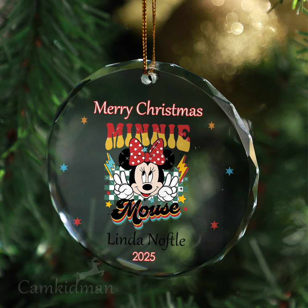 Minnie Mouse Personalized Name 2025 Christmas Glass Ornament tree