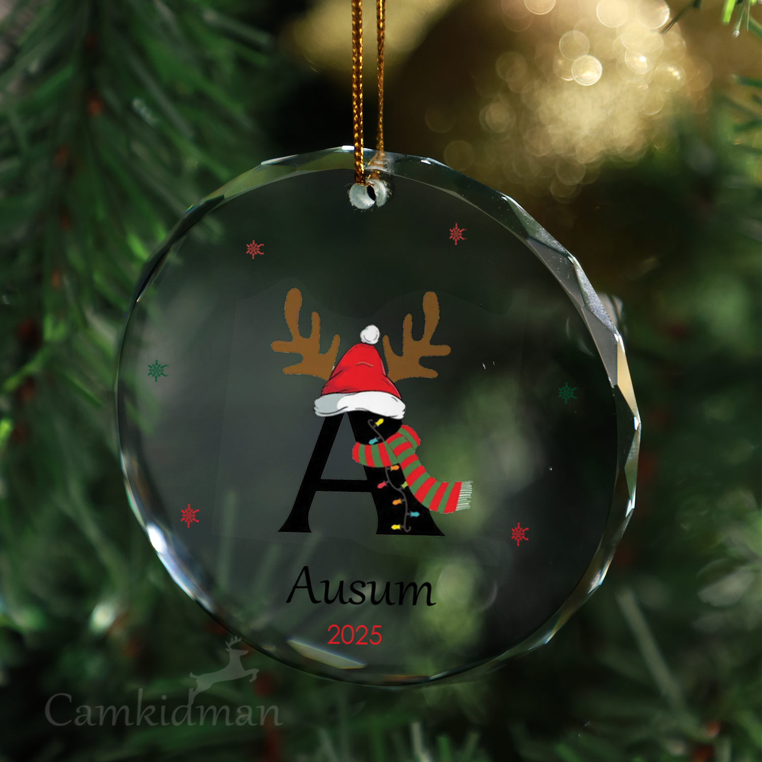Letter A Reindeer Antlers Personalized Name 2025 Glass Ornament tree