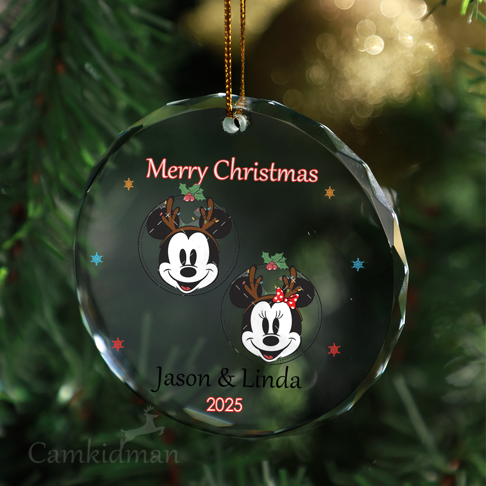 Mickey Minnie Couple Personalized Name 2025 Glass Ornament tree
