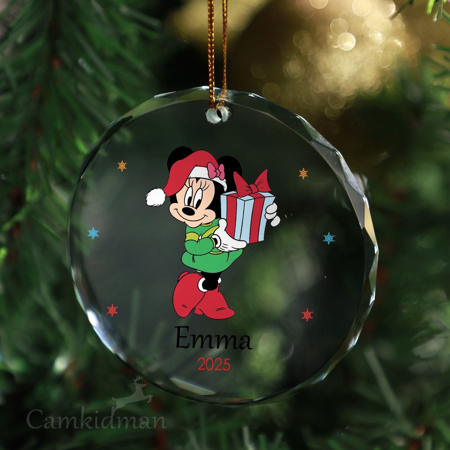 Mickey Holding Gift Personalized Name 2025 Glass Ornament tree