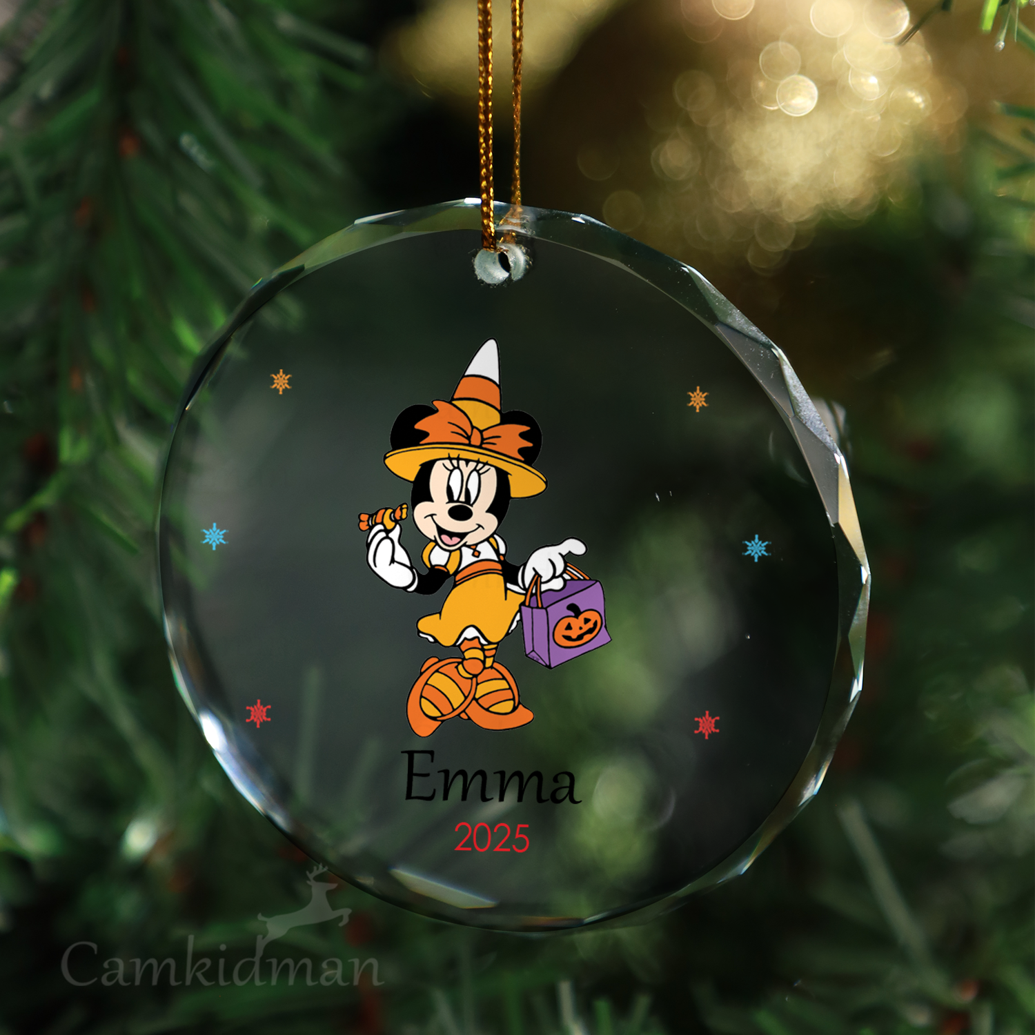 Minnie Purple Orange Outfit Personalized Name 2025 Glass Ornament tree