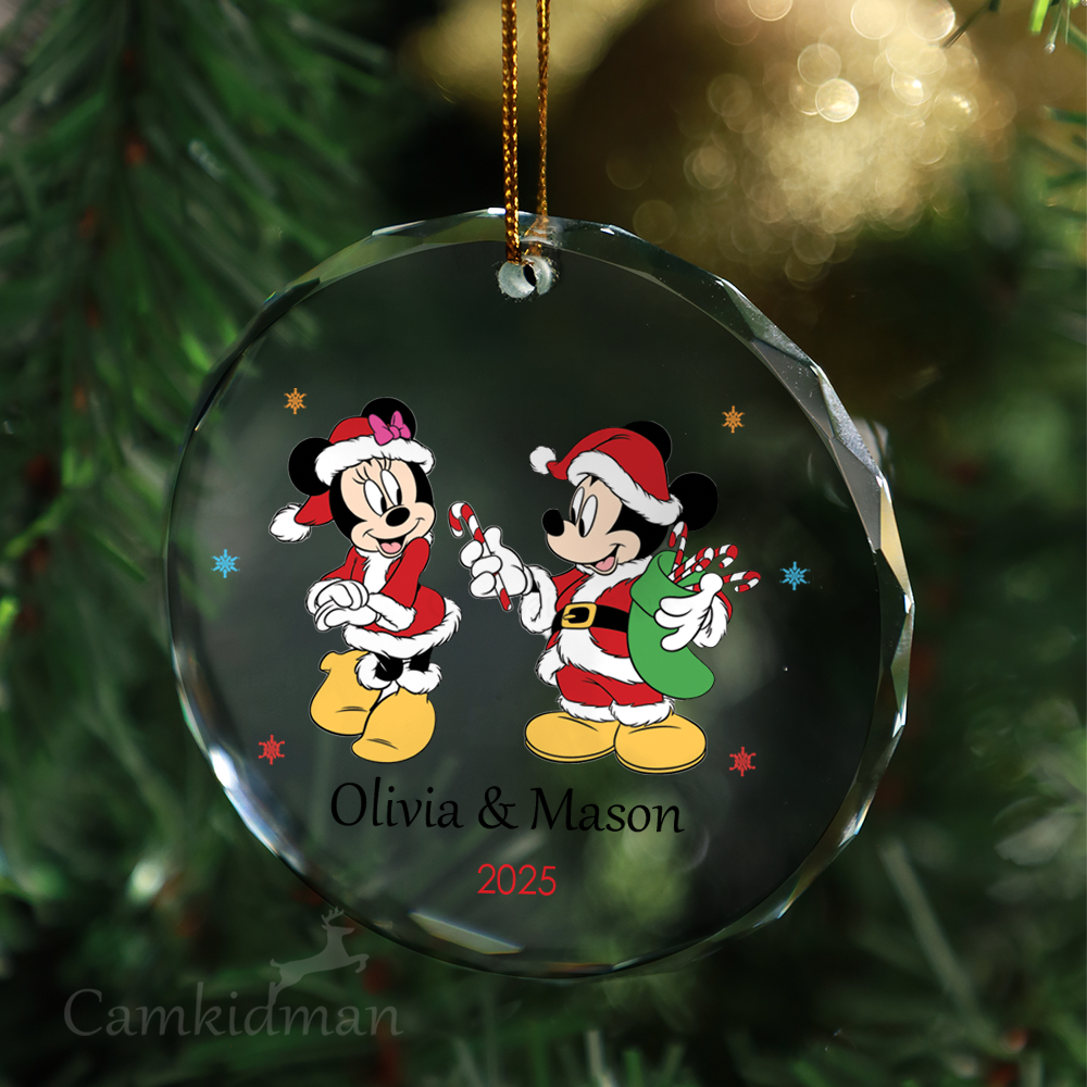 Mickey Minnie Couple Candy Cane Personalized Name 2025 Glass Ornament gifts
