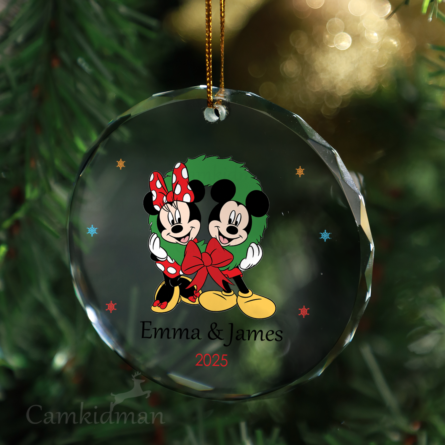 Mickey Minnie Couple Wreath Personalized Name 2025 Glass Ornament gifts family