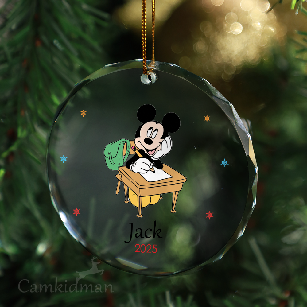 Mickey At School Desk Personalized Name 2025 Glass Ornament tree