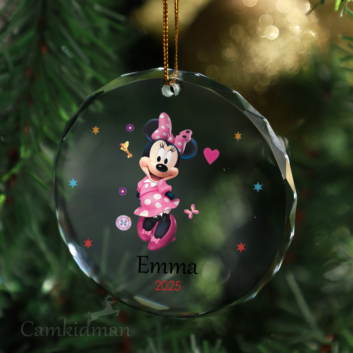 Minnie Heart Bow Personalized Name 2025 Glass Ornament tree