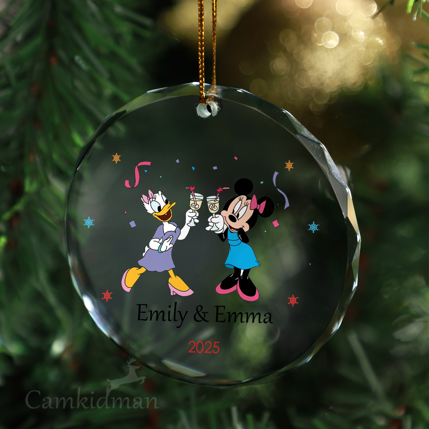Mickey Minnie Celebration Personalized Name 2025 Glass Ornament tree
