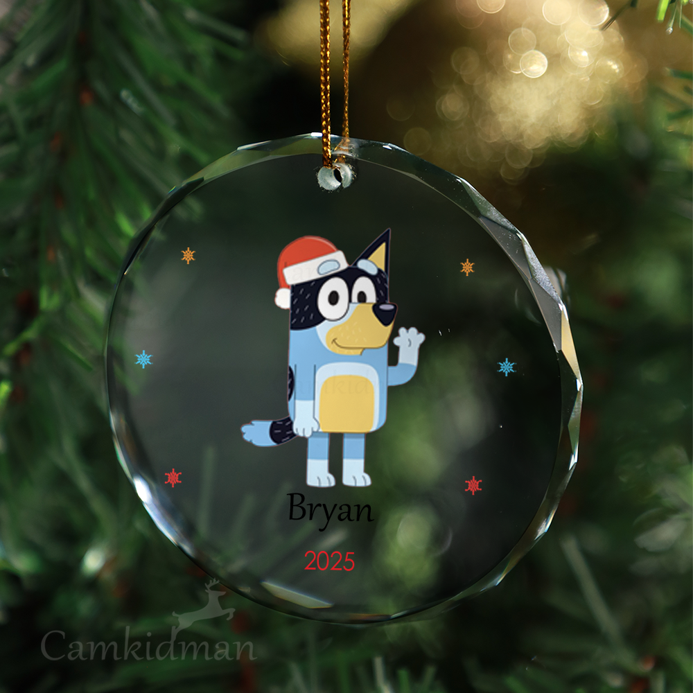 Bluey With Present Personalized Name 2025 Glass Ornament tree