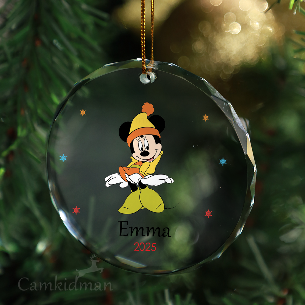 Minnie Yellow Outfit Personalized Name 2025 Glass Ornament tree