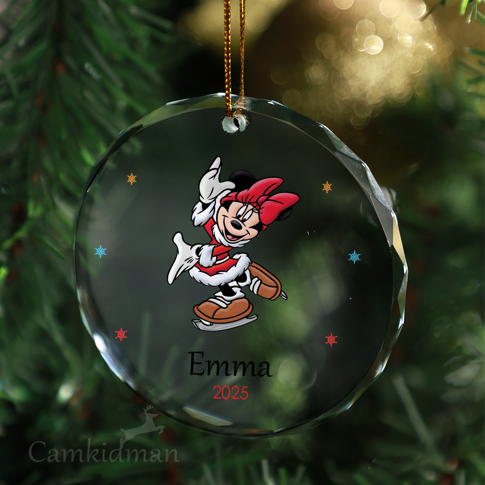 Minnie Red Bow Skating Personalized Name 2025 Glass Ornament gifts family