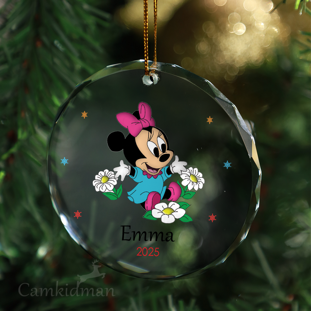 Minnie With Flowers Personalized Name 2025 Glass Ornament gifts family