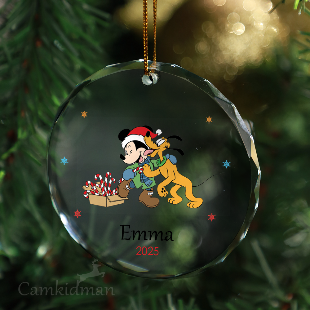 Goofy Pulling Sleigh Personalized Name 2025 Glass Ornament gifts family